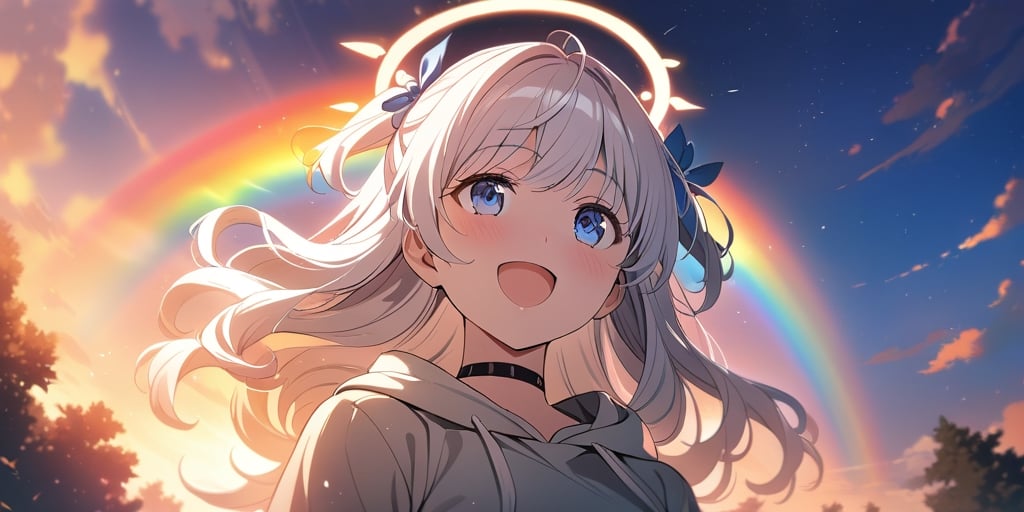 shiny, vibrant colors, female, masterpiece, sharp focus, best quality, depth of field, cinematic lighting, ((solo, one girl)), (illustration, 8k CG, extremely detailed), masterpiece, ultra-detailed, Anime-style illustration depicting a sunny sky scene. A sky after rain. (big rainbow in sky),  fire rainbows,1girl, angel, white hair, long curly hair, two side up,blue eyes, two blue ribbons on her hair, (Double golden halo on her head), choker, (angel wings),  Wearing grey Hooded T-shirt, is looking up at the sky with a surprised expression, cute smile. best smile, The perspective is from below, open mouth, shiny background,Visual Anime