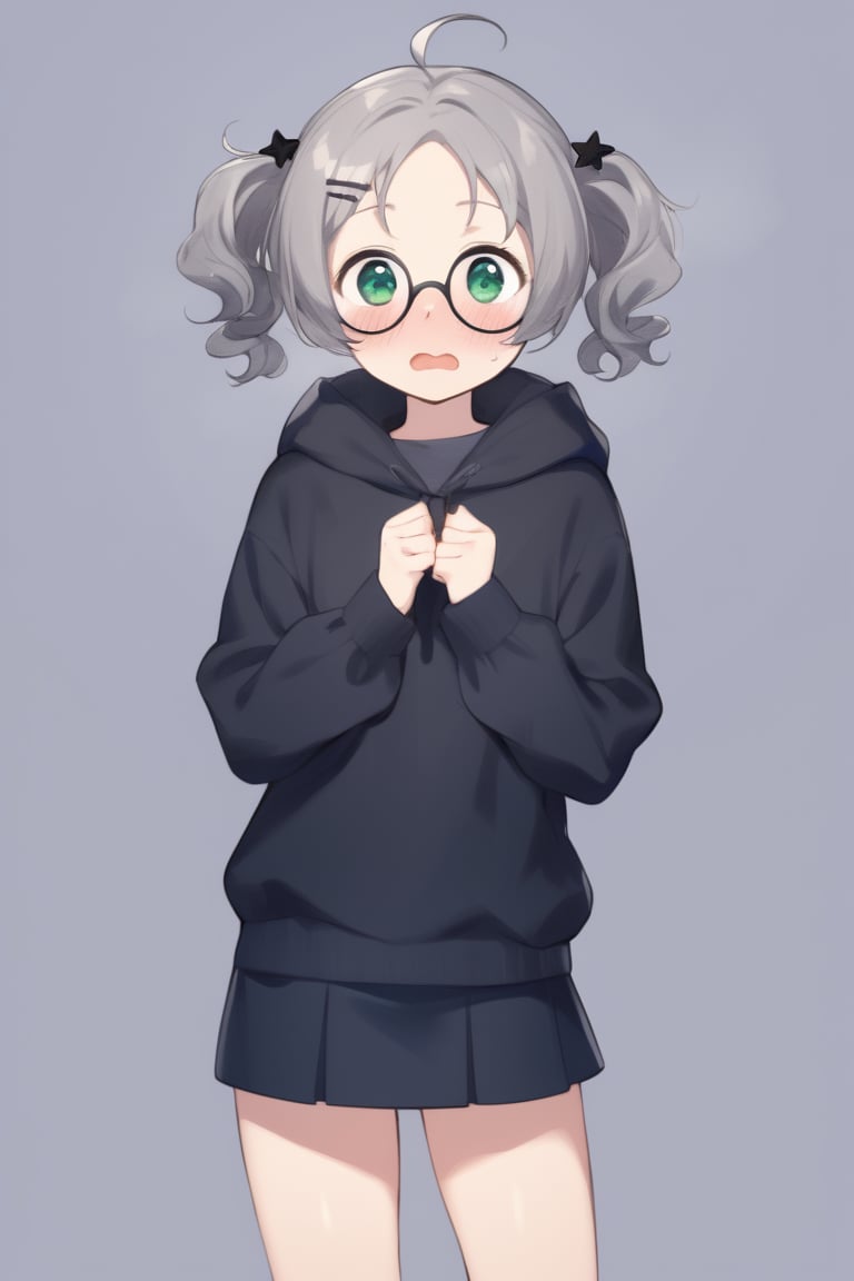  1girl, solo, (gray hair), green eyes, (short Twin ponytails:1.2),  (curly hair:1.2), ahoge, (black round frame glasses:1.2), (black star hairpin), solo, blush, open mouth, Center parted bangs, forehead, hooded cloak, Hood Down, long sleeve shirt top, Short skirt, boots, upper body, sweat, embarrassed,