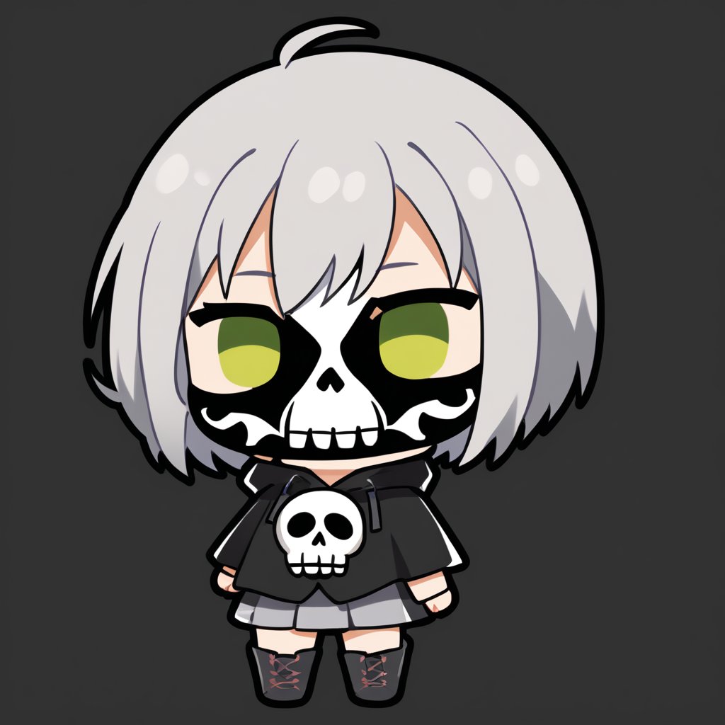 1girl, (gray hair), green eyes, short hair, (Bob Hair), ahoge, (Wearing a skull mask:1.2), (hooded cloak, (Hood Down)), dress, Short skirt, boots, ((hood down)), standing, solo, (chibi, head only), (Focus on face), simple white background,