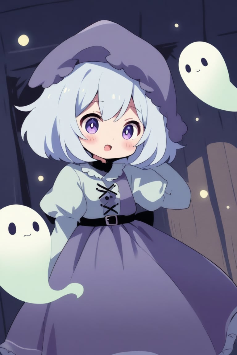 a cute ghost girl in HAUNTED HOUSE, cute, anime style