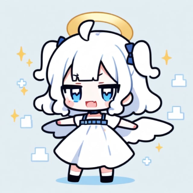 cute, kawaii, chibi, 1girl, angel, ((white hair)), long curly hair, (two side up), blue eyes,  (curly hair:1.2), (wavy hair), (hair curls), (bangs), (two side up), two blue hair ties on head, (Double golden halo on her head), choker, angel wings, ahoge, fang, White dress with blue lace trim, anime style, cute pose,chibi,