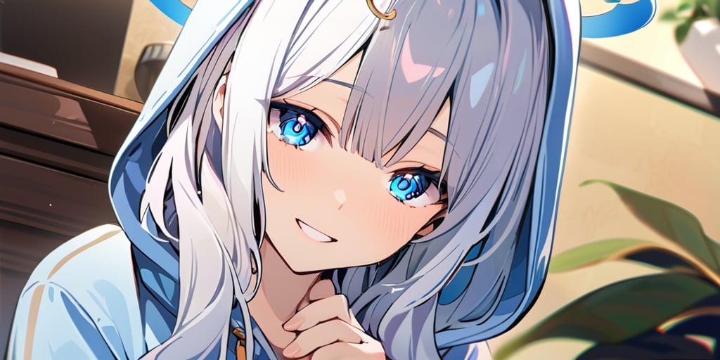 ((masterpiece, best quality, highres:1.2)), perfect face, more detail XL, Kyoto animation style, depth of field, 1girl, solo, angel, white hair, long curly hair, blue eyes, two blue ribbons on her hair, (Double golden halo on her head), angel wings, breasts, looking at viewer, smile, bangs, long sleeves, upper body, teeth, indoors, hood, cosplay, hoodie, plant, hood up,