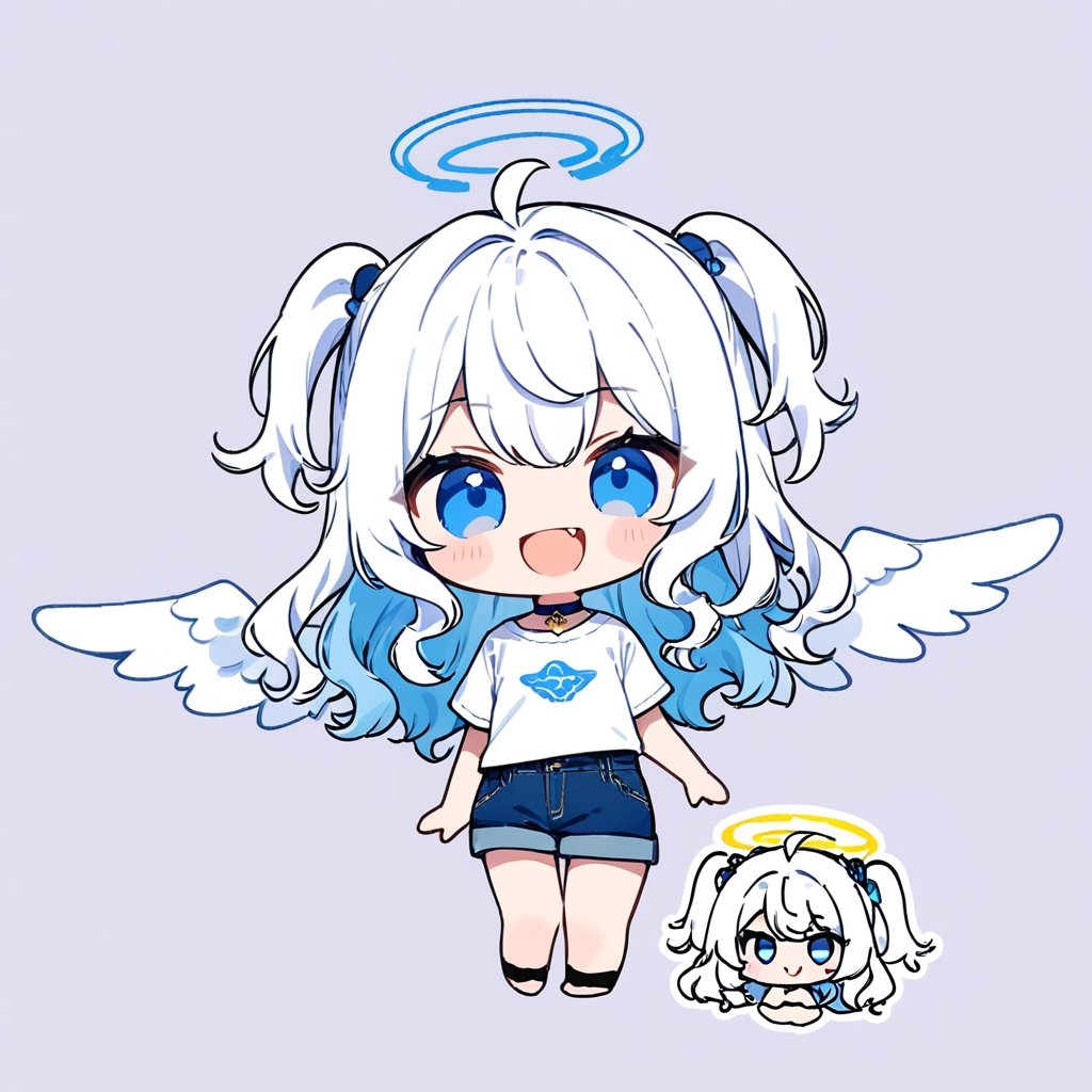 chibi, sd, masterpiece, made by a master, 4k, perfect anatomy, perfect details, best quality, high quality, lots of detail.
1girl, ((angel)), (white hair), long curly hair, (two side up), blue eyes,  (curly hair:1.2), (wavy hair), (hair curls), (bangs), (two side up), two ((blue)) hair ties on head, (Double golden halo on her head), choker, ((angel wings)), ahoge,white t-shirt, Short pants, single, looking at viewer, smiling, fang, happy, slightly angry, chibi, Emote Chibi. simple background, Line,cute comic,simple background, flat color,chibi,Cute girl,dal,Emote Chibi,chibi style,Chibi Style,lineart,