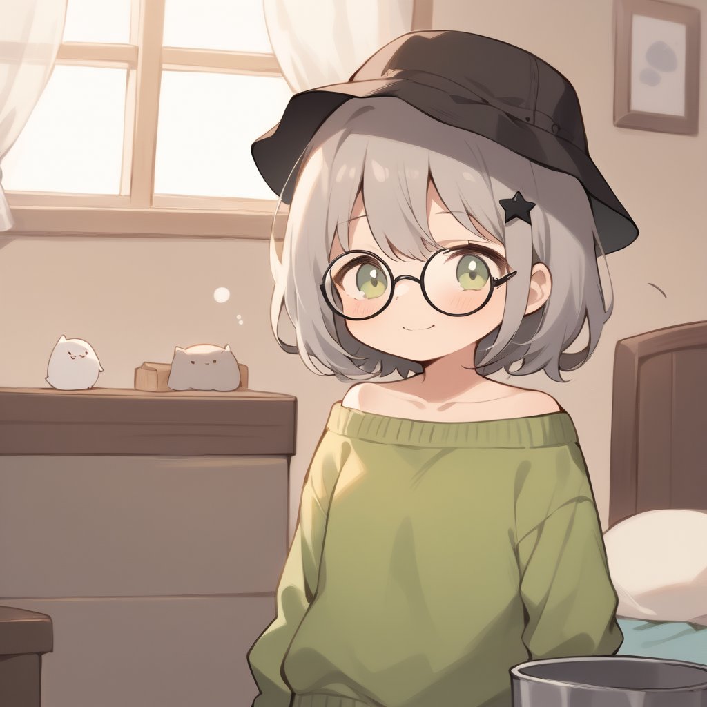 1girl, (gray hair), green eyes, medium hair, (bucket hat:1.2), (black round frame glasses:1.2), (black star hairpin), (light top), collarbone, (Sweater Jacket), cotton pants, Off-shoulder, (happy), (in room), indoor, (eyes highlight), standing, ((upper body)), very beautiful girl, Sleepy eyes, closed mouth, :), slightly angry, himecut hairstyle, solo, (chibi), (Focus on face),((Chibi character))