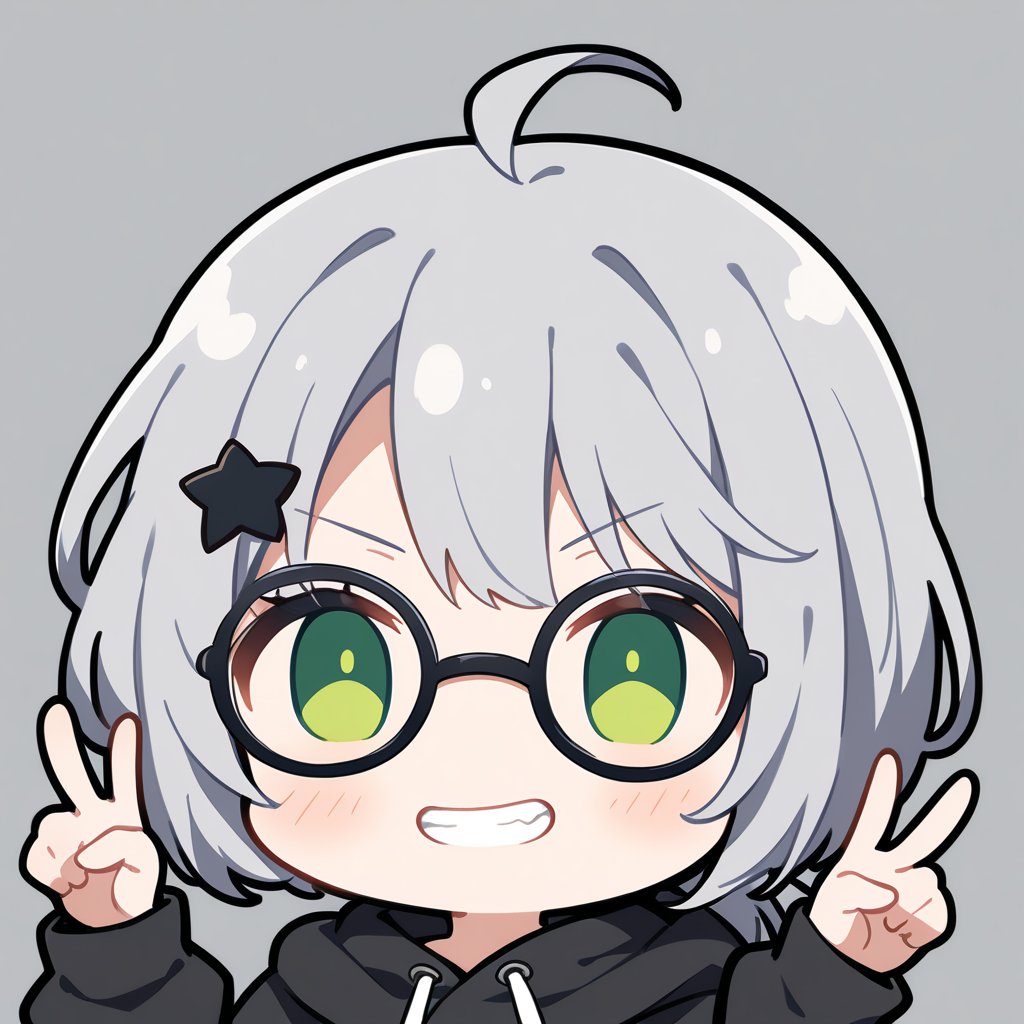 1girl, (gray hair), green eyes, short hair, (Bob Hair), ahoge, (pony tail:1.2), (black round frame glasses:1.2), (black star hairpin), hooded cloak, Hood Down, long sleeve shirt top,
Short skirt, boots, , solo, (chibi, head only), blush, (close-up portrait), (grin), (double v), Upper Body, (Focus on face), simple background,