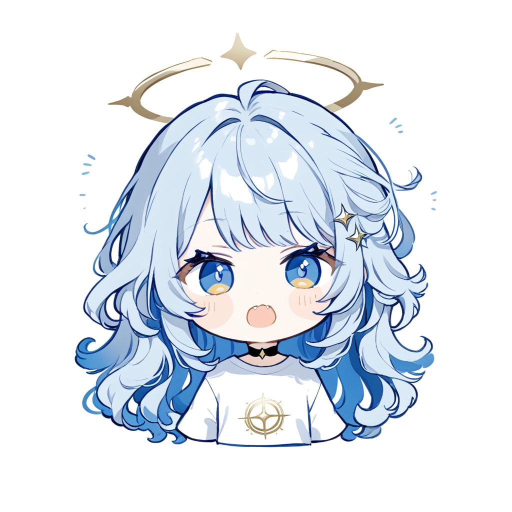 (chibi style), {{{masterpiece}}}, {{{best quality}}}, {{ultra-detailed}}, {beautiful detailed eyes}. 1girl, angel, white hair, long curly hair, (two side up), blue eyes,  (curly hair:1.2), (wavy hair), (hair curls), (bangs), (two side up), two blue hair ties on head, (Double golden halo on her head), choker, angel wings, ahoge, fang, (white T-shirt) (rapping), (black sunglasses), upper body,chibi emote style,chibi,emote, cute,Emote Chibi,anime,cute comic,