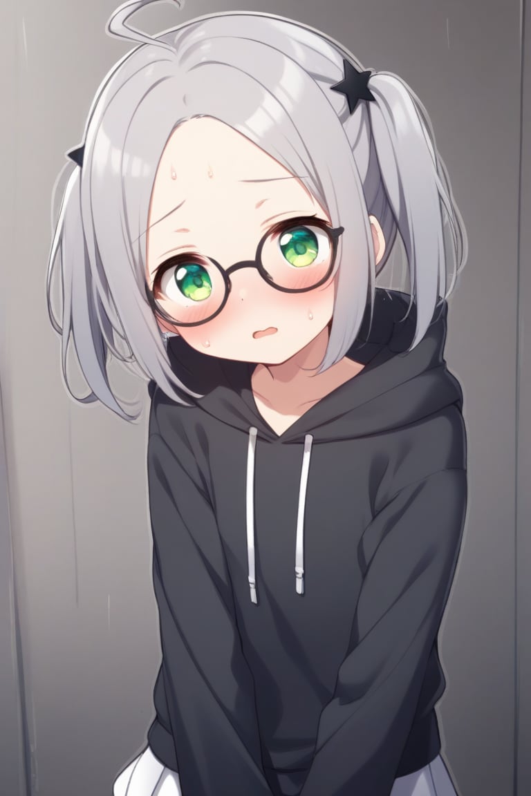  1girl, solo, (gray hair), green eyes, (short Twin ponytails:1.2), ahoge, (black round frame glasses:1.2), (black star hairpin), solo, blush, open mouth, Center parted bangs, forehead, hooded cloak, Hood Down, long sleeve shirt top, Short skirt, boots, upper body, sweat, embarrassed,