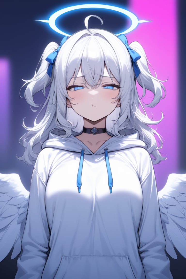  1girl, angel, white hair, long curly hair, (two side up), blue eyes, two blue bows on head, (Double golden halo on her head), choker, angel wings on back, ahoge, ((White long sleeve hoodie)), mature female, no pupils, straight-on, half-closed eyes, narrowed eyes, pout, blurry background, alp, (((neon theme))), perfect_hands, dark theme, vivid color, masterpiece, best quality, amazing quality, very aesthetic, absurdres, depth of field, score_9, archi-ghelber-style