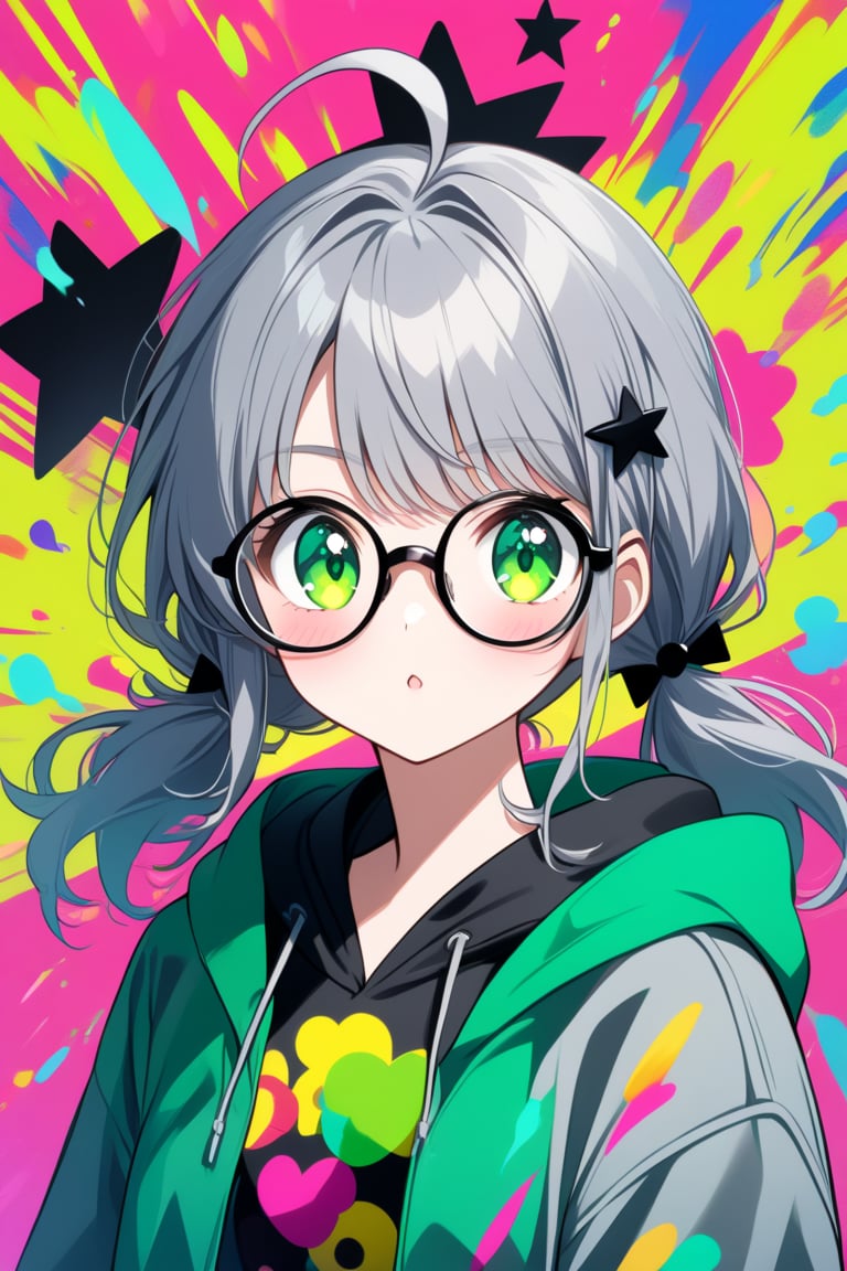 japanese cool anime,1girl, solo, (gray hair), green eyes, (short Twin ponytails:1.2), (wavy hair), ahoge, (black round frame glasses:1.2), (black star hairpin), Colorful pop art, , brightly, Beautiful green Eyes, dark green hoodie jacket, Color Splash,upper body.,Beautiful eyes,niji6