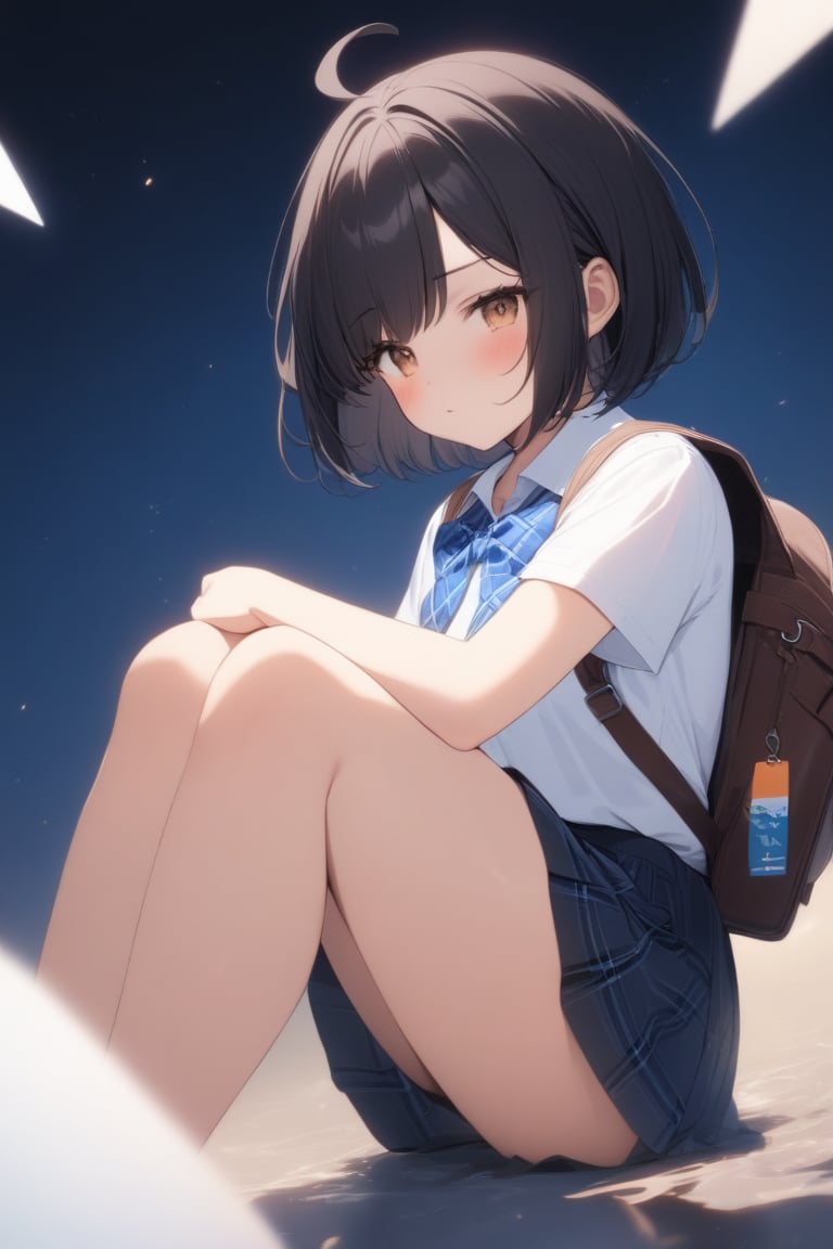 1girl, (dark black hair), brown eyes, ahoge, short hair, (striking bob cut and intense, hair covering one eye:1.2),  (school uniform), tight clothes, white shirt, Short sleeve, blue tie, Blue plaid pleated skirt, backpack, half-closed eyes, solo focus, standing, annoyed, looking down at viewer, see-through silhouette, blush, (simple background), (eyes highlight), ((sit cross-legged:1.2)), very beautiful girl, himecut hairstyle, masterpiece quality, stunning image, masterpiece, 8K, stunning image, light particles, attractive image, reflections,  \medium\,Beautiful eyes,