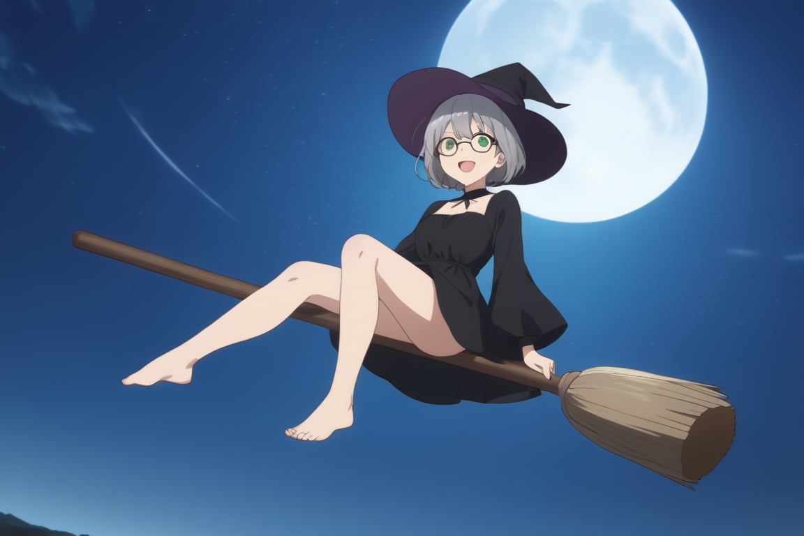 1girl, (gray hair), green eyes, short hair, ahoge, (black round frame glasses:1.2), broom, barefoot, broom_riding, hat, solo, sky, one_eye_closed, witch_hat, night, moon, witch, open_mouth, smile, night_sky, full_moon, cloud, star_(sky), dress, starry_sky, long_sleeves, full_body, toes, feet, black_dress, ;d, flying, anime screencap, masterpiece quality, stunning image, masterpiece, 8K, stunning image, light particles, attractive image, reflections, \medium\,Beautiful eyes,
