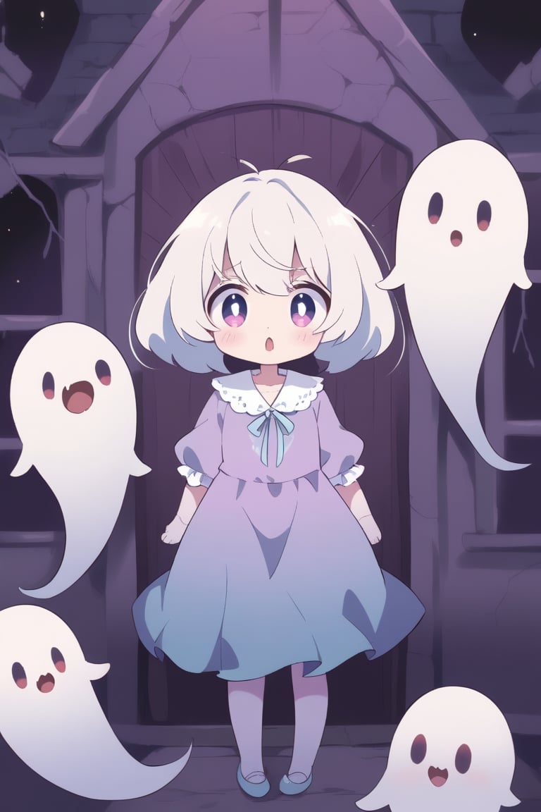 a cute ghost girl in HAUNTED HOUSE, cute, anime style