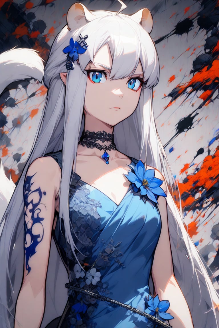 1girl, stoat girl, solo,  ((white hair)), very long hair, blue eyes, (straight hair), (bangs), animal ears, (stoat ears:1.2),
 Choker, ahoge, yaeba, (big white stoat Tail:1.2), (blue X hairpin), Beautiful girl. She is very badass, she wears a very fancy evening dress. detailed image, detailed skin, very close-up. Himecut hairstyle, silver brushtrokes in background.,Eyes,Beautiful eyes,INK