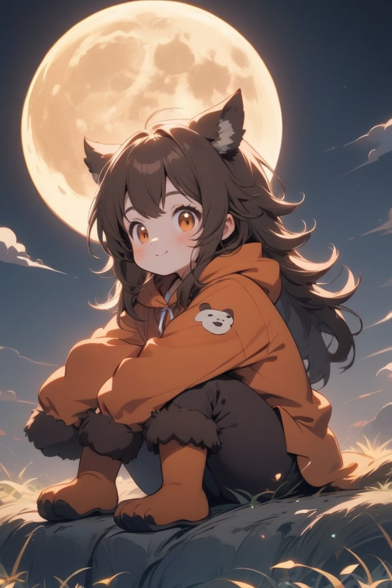 A Cute girl wearing a werewolf costume sitting under the full moon admiring the moon, cute, Huge Moon, glowing moon, Japanese anime style