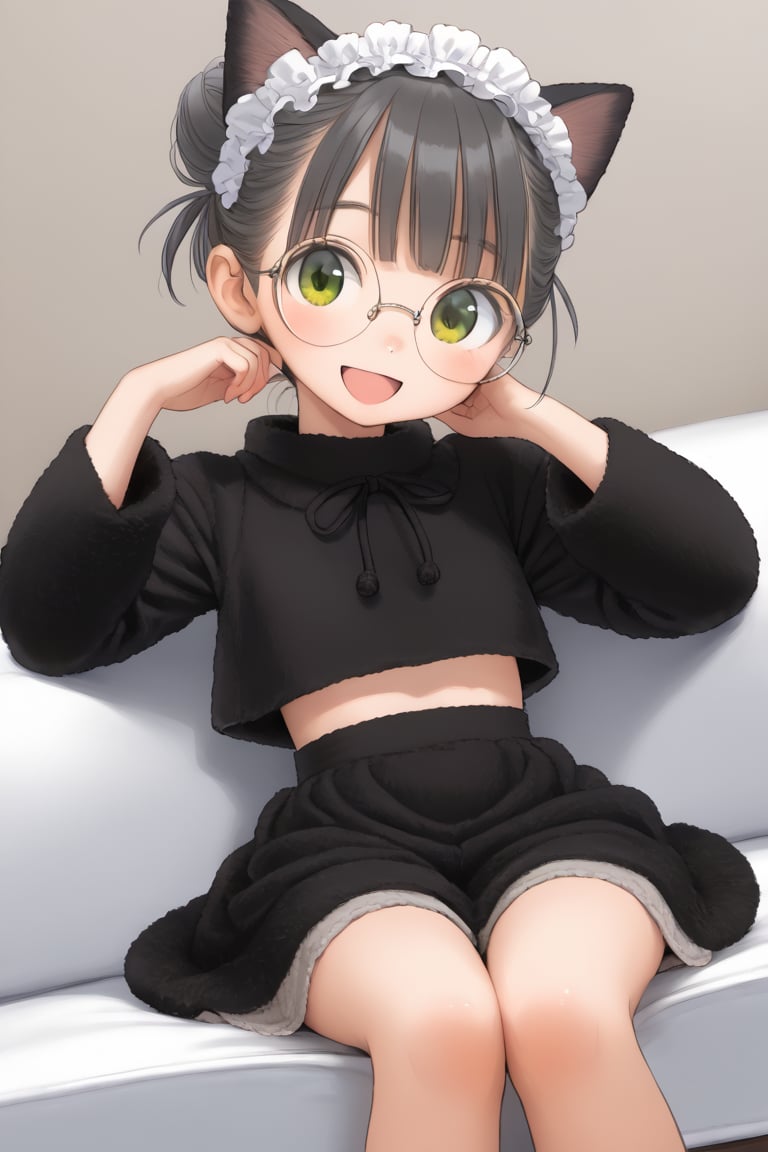 1girl, (gray hair), green eyes, (short hair), (Flat bangs), (one hair bun:1.2), (black round frame glasses:1.2), (cat ear headdress), (fleece top:1.2), long sleeve, Short skirt, (happy), (indoor), (eyes highlight), very beautiful girl, very cute face, (Medium chest), proud expression, :), sitting on sofa, cute pose, headtilt, masterpiece quality, masterpiece, 8K, stunning image, light particles, attractive image, reflections, Dutch Angle Shot,Beautiful eyes,