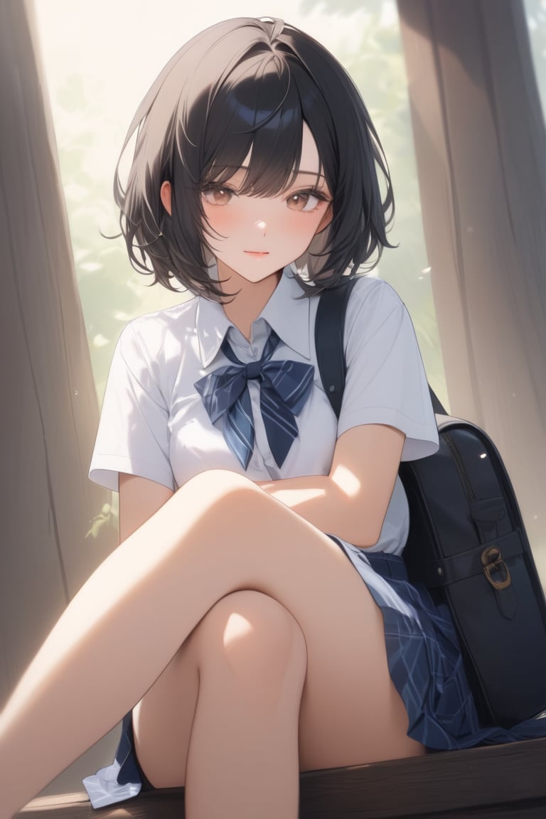 1girl, (dark black hair), brown eyes, ahoge, short hair, (striking bob cut and intense, hair covering one eye:1.2),  (school uniform), tight clothes, white shirt, Short sleeve, blue tie, Blue plaid pleated skirt, backpack, half-closed eyes, solo focus, standing, annoyed, looking down at viewer, see-through silhouette, blush, (simple background), (eyes highlight), ((sit cross-legged)), very beautiful girl, himecut hairstyle, masterpiece quality, stunning image, masterpiece, 8K, stunning image, light particles, attractive image, reflections,  \medium\,Beautiful eyes,