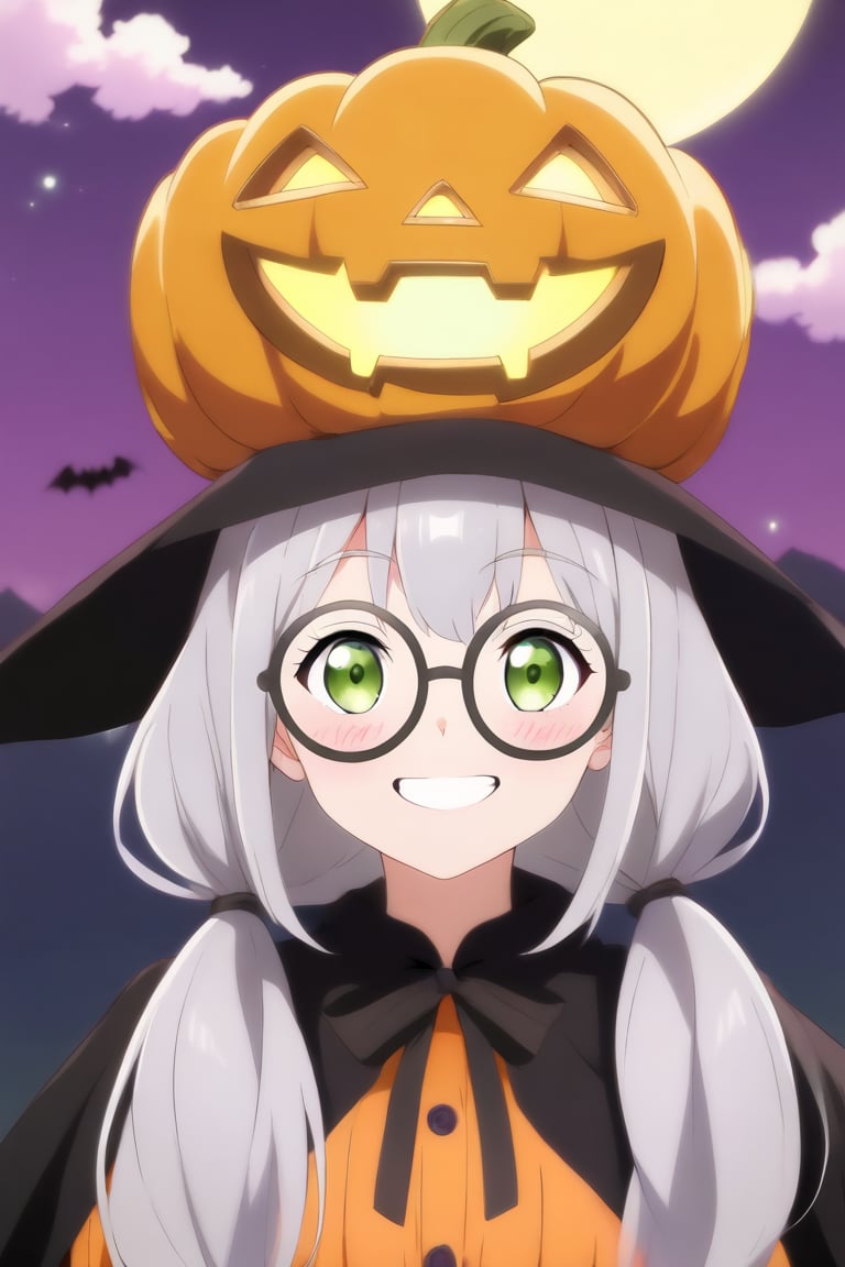 A cute girl ,(gray hair), green eyes, long hair, ( pigtails:1.2), (black round frame glasses:1.2), wearing a pumpkin mask on her head, Halloween costume, celebrating Halloween on the street at night, pumpkin lantern, cute face, smiling, moon, anime style