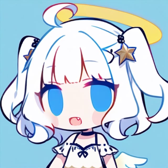 cute, kawaii, chibi, 1girl, (angel), ((white hair)), long curly hair, (two side up), blue eyes,  (curly hair:1.2), (wavy hair), (hair curls), (bangs), (two side up), two blue hair ties on head, (Double golden halo on her head), choker, ((angel wings)), ahoge, fang, White dress with blue lace trim, anime style, cute pose,chibi,simple background, flat color