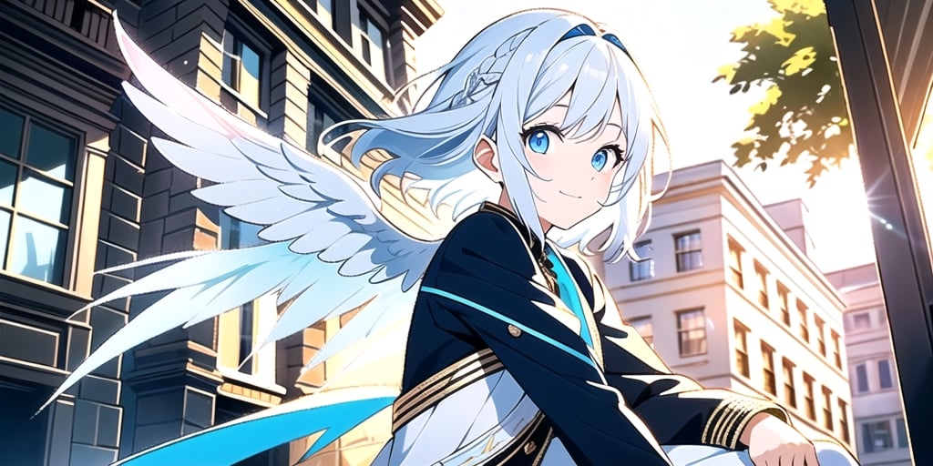 vibrant colors, female, masterpiece, sharp focus, best quality, depth of field, cinematic lighting, ((solo, one woman )), (illustration, 8k CG, extremely detailed), masterpiece, ultra-detailed,
1angel, (white hair), long curly hair, blue eyes, (two blue ribbons on her hair), (Double golden halo on her head), angel wings, black jacket, cute outfit, sitting by the street, best smile, cute face, perfect light,1girl white hair blue eyes x hair ornament,masterpiece