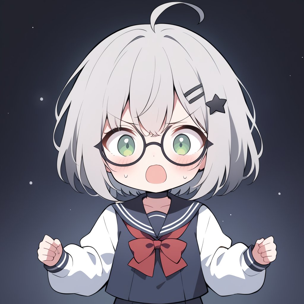 1girl, (gray hair), green eyes, short hair, (Bob Hair), ahoge, (black round frame glasses:1.2), (black star hairpin), (Sailor Suit), (student uniform), dark blue collar, (red bow tie), Dark blue pleated skirt, blush, (In a dark room), (eyes highlight), standing, ((upper body)), very beautiful girl, shock, surprise, eyes wide open, Open mouth wide, sweat, slightly angry, himecut hairstyle, solo, (chibi), (Focus on face),((Chibi character))