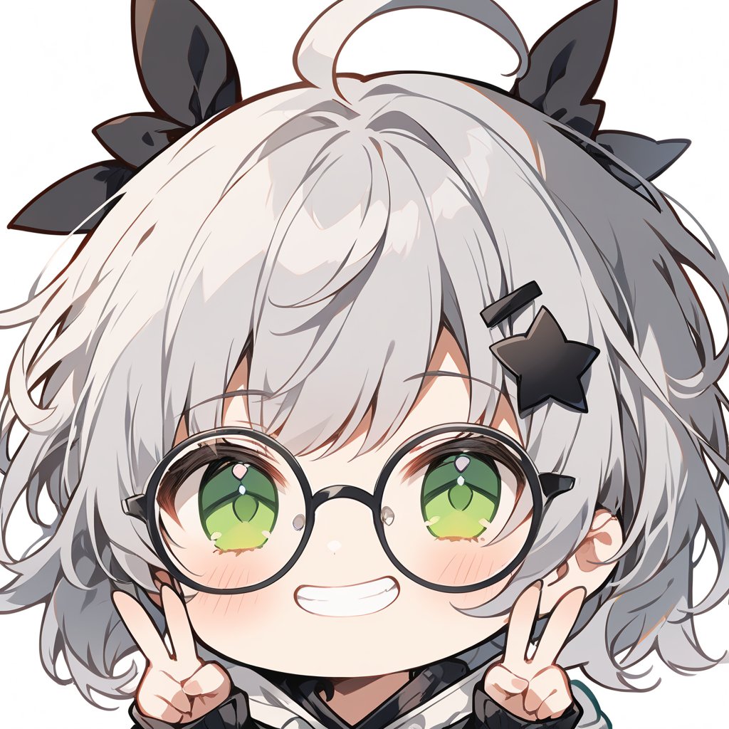 1girl, (gray hair), green eyes, short hair, (Bob Hair), ahoge, (black round frame glasses:1.2), (black star hairpin), hooded cloak, Hood Down, long sleeve shirt top,
Short skirt, boots, , solo, (chibi, head only), blush, (close-up portrait), (grin), (double v), Upper Body, (Focus on face), simple white background,