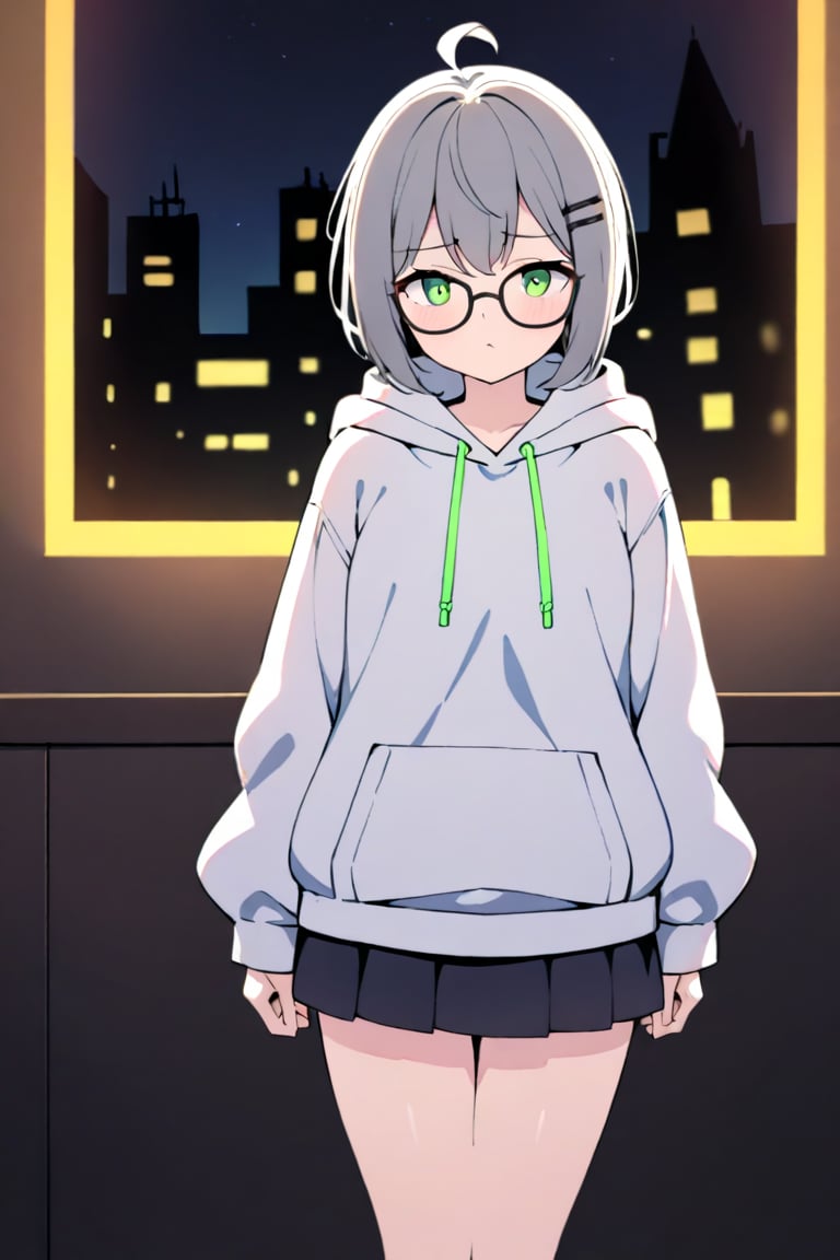 1girl, (gray hair), green eyes, short hair, ((pony tail:1.2)), ahoge, (black round frame glasses:1.2), (black star hairpin), hooded cloak, Hood Down, long sleeve shirt top,Short skirt, boots, ((White long sleeve hoodie)), mature female, no pupils, straight-on, half-closed eyes, narrowed eyes, pout, blurry background, alp, (((neon theme))), perfect_hands, dark theme, vivid color, masterpiece, best quality, amazing quality, very aesthetic, absurdres, depth of field, score_9, archi-ghelber-style