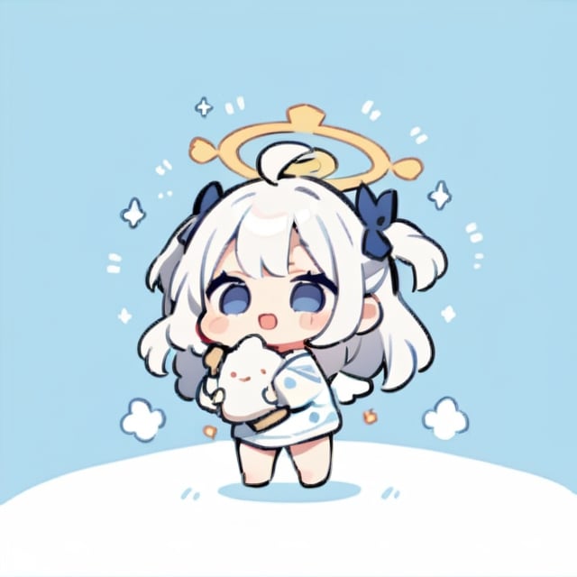  chibi, masterpiece, best quality, solo, 1girl, angel, white hair, long curly hair, (two side up), blue eyes, two blue bows on head, (Double golden halo on her head), choker, angel wings on back, ahoge, full body, cute smile, best smile, open mouth, Wearing blue and white dress, short pants, (Holding a huge stand sign), simple background,masterpiece,Chibi anime,doodle,cute comic,