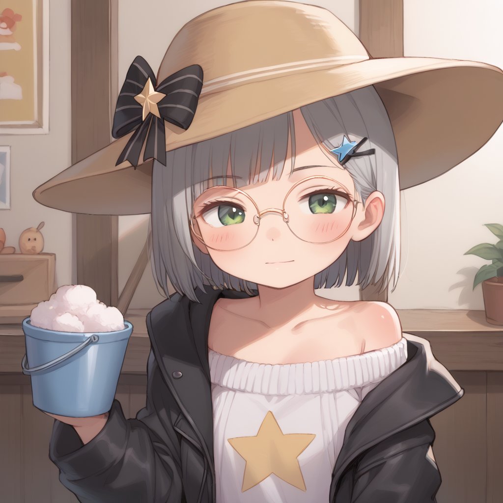 1girl, (gray hair), green eyes, medium hair, (bucket hat:1.2), (black round frame glasses:1.2), (black star hairpin), (light top), collarbone, (Sweater Jacket), cotton pants, Off-shoulder, (happy), (in room), indoor, (eyes highlight), standing, ((upper body)), very beautiful girl, Sleepy eyes, closed mouth, :), slightly angry, himecut hairstyle, solo, (chibi), (Focus on face),((Chibi character))