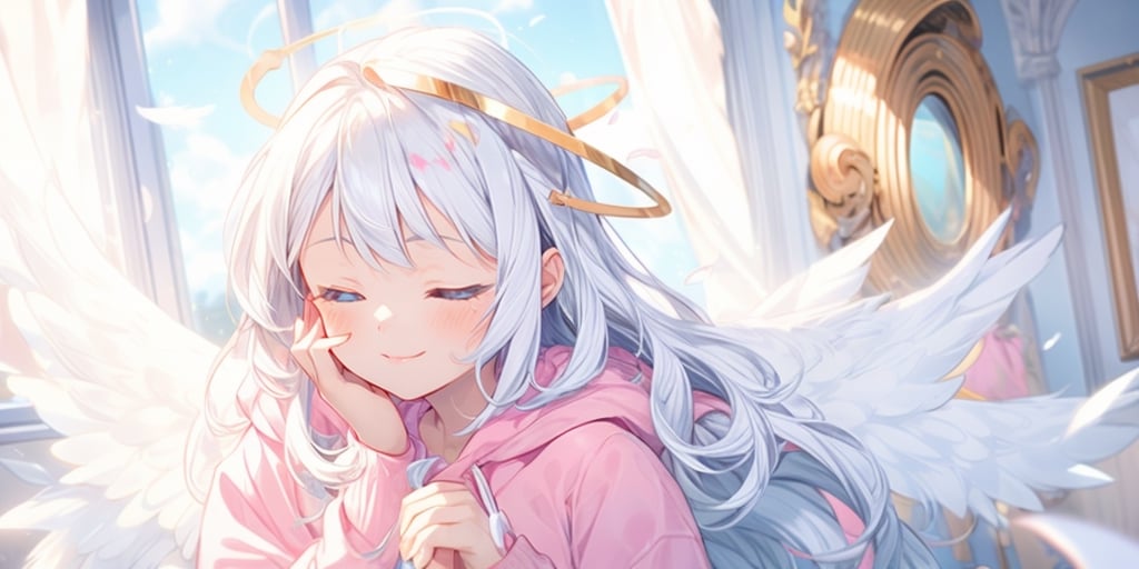 1girl, angel, white hair, long curly hair, blue eyes, two blue ribbons on her hair, (Double golden halo on her head), angel wings,, beautiful face, (eyes closed), happiness, closed mouth smile, pink lips, holding face with both hands, cute hoodie, cute room, cute interior,portrait