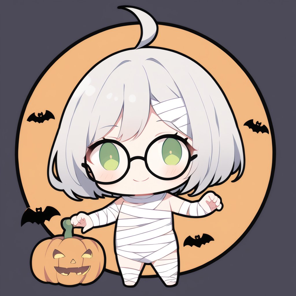 1girl, (gray hair), green eyes, ahoge, (striking bob cut and intense), (black round frame glasses:1.2), mummy dress up, Bandage outfit, Full body bandage, (claw pose), bats, cobweb, pumpkin lantern, moon, blush, (simple halloween background), (eyes highlight), standing, ((upper body)), very beautiful girl, smiling, happy, himecut hairstyle (eyes highlight), standing, solo, (chibi), (Focus on face), 