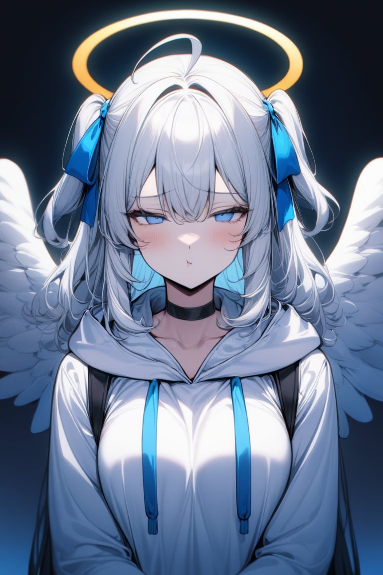  1girl, angel, white hair, long curly hair, (two side up), blue eyes, two blue bows on head, (Double golden halo on her head), choker, angel wings on back, ahoge, ((White long sleeve hoodie)), mature female, no pupils, straight-on, half-closed eyes, narrowed eyes, pout, blurry background, alp, (((neon theme))), perfect_hands, dark theme, vivid color, masterpiece, best quality, amazing quality, very aesthetic, absurdres, depth of field, score_9, archi-ghelber-style