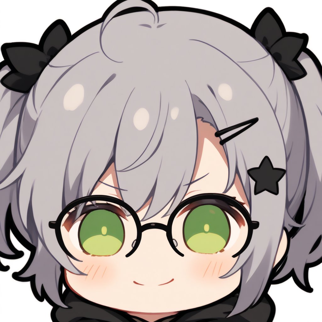 1girl, 1girl, (gray hair), green eyes, (short Twin ponytails:1.2), ahoge, (black round frame glasses:1.2), (black star hairpin), hooded cloak, Hood Down, long sleeve shirt top,Short skirt, boots, solo, (chibi, head only), blush, (close-up portrait), (smug face), Upper Body, (Focus on face), simple white background,