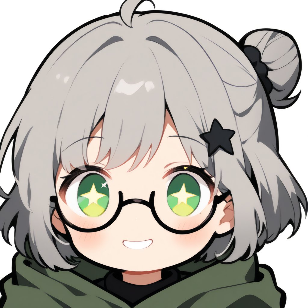 1girl, (gray hair), green eyes, short hair, ahoge, (black round frame glasses:1.2), (black star hairpin), dark green hooded cloak, Hood Down, dress, Short skirt, boots, ((Half Bun :1.2)), ((Off the shoulders:1.2)), solo, smiling, blush, (close-up portrait), ((sparkling eyes)), Upper Body, (Focus on face), simple white background,