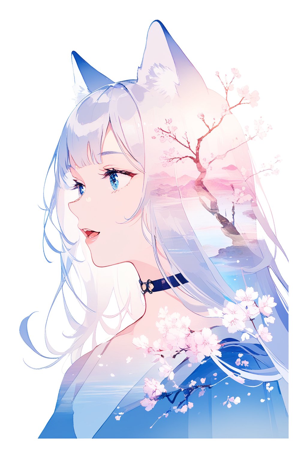 silhouette of astoat girl, solo,  ((white hair)), very long hair, blue eyes, (straight hair), (bangs), animal ears, (stoat ears:1.2), Choker, ahoge, fangs, (big stoat Tail:1.2), (blue X hairpin),Soft colors. Inside the silhouette you can see the double exposure with a sakura flower, masterpiece, ((double exposure)), proportional.,DOUBLE EXPOSURE