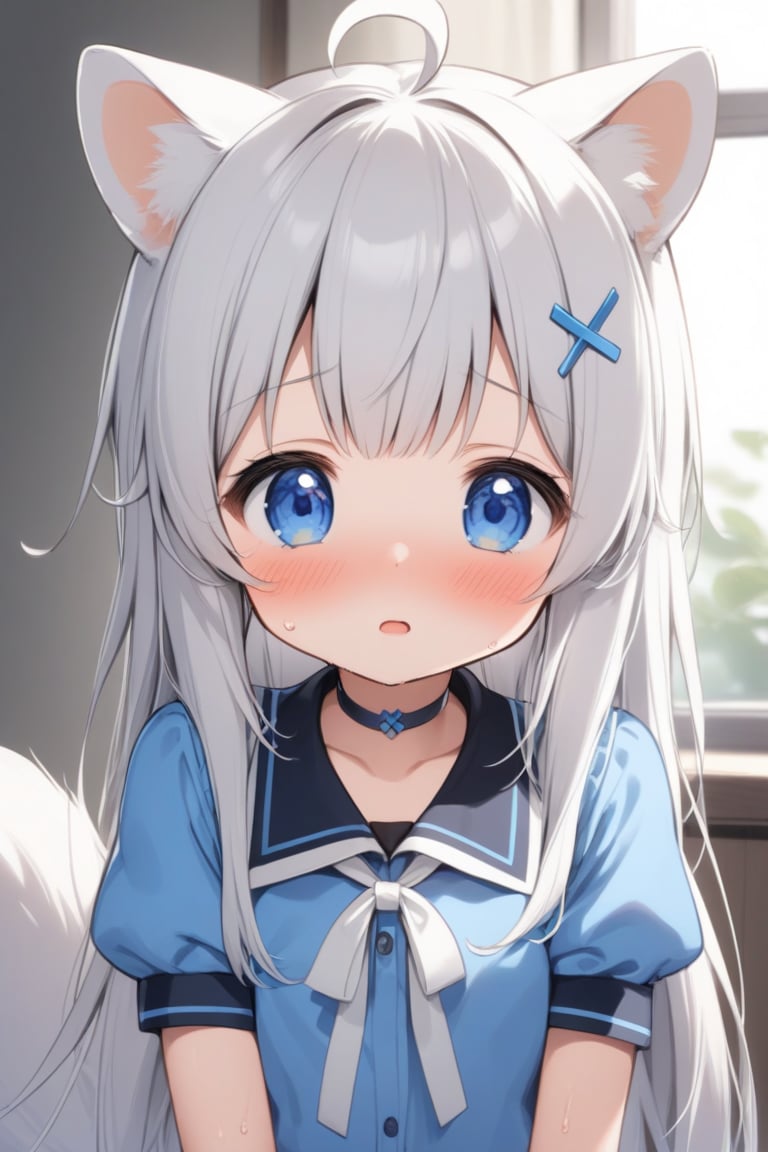 1girl, stoat girl, solo,  ((white hair)), very long hair, blue eyes, (straight hair), (bangs), animal ears, (stoat ears:1.2),
 Choker, ahoge, yaeba, (big white stoat Tail:1.2), (blue X hairpin), solo, long hair, blush, open mouth, bangs, blue eyes, shirt, underwear, upper body, short sleeves, sweat, puffy sleeves, collared shirt, puffy short sleeves, embarrassed, blue shirt