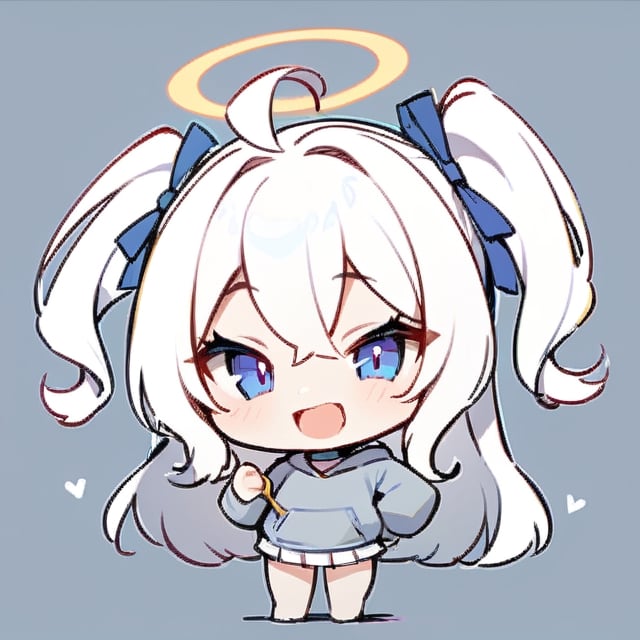  chibi, masterpiece, best quality, solo, 1girl, angel, (white hair), long curly hair, (two side up),blue eyes, (two blue ribbons on her hair), ((Double golden halo on her head)), choker, ((angel wings)), ahoge, full body, cute smile, best smile, open mouth, Wearing grey Hooded T-shirt, long sleeves, pleated skirt, (holding a maga huge spoon), ,masterpiece,simple background, ,