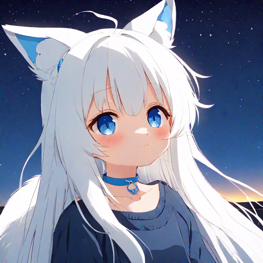 1girl, stoat girl, solo,  ((white hair)), very long hair, blue eyes, (straight hair), (bangs), animal ears, (stoat ears:1.2),
 Choker, ahoge, yaeba, (big white stoat Tail:1.2), (blue X hairpin), beautiful, long hair,casual outfit, outdoors, looking at viewer, medium hair, close view,starry sky, sky, night,,noc-space,anime