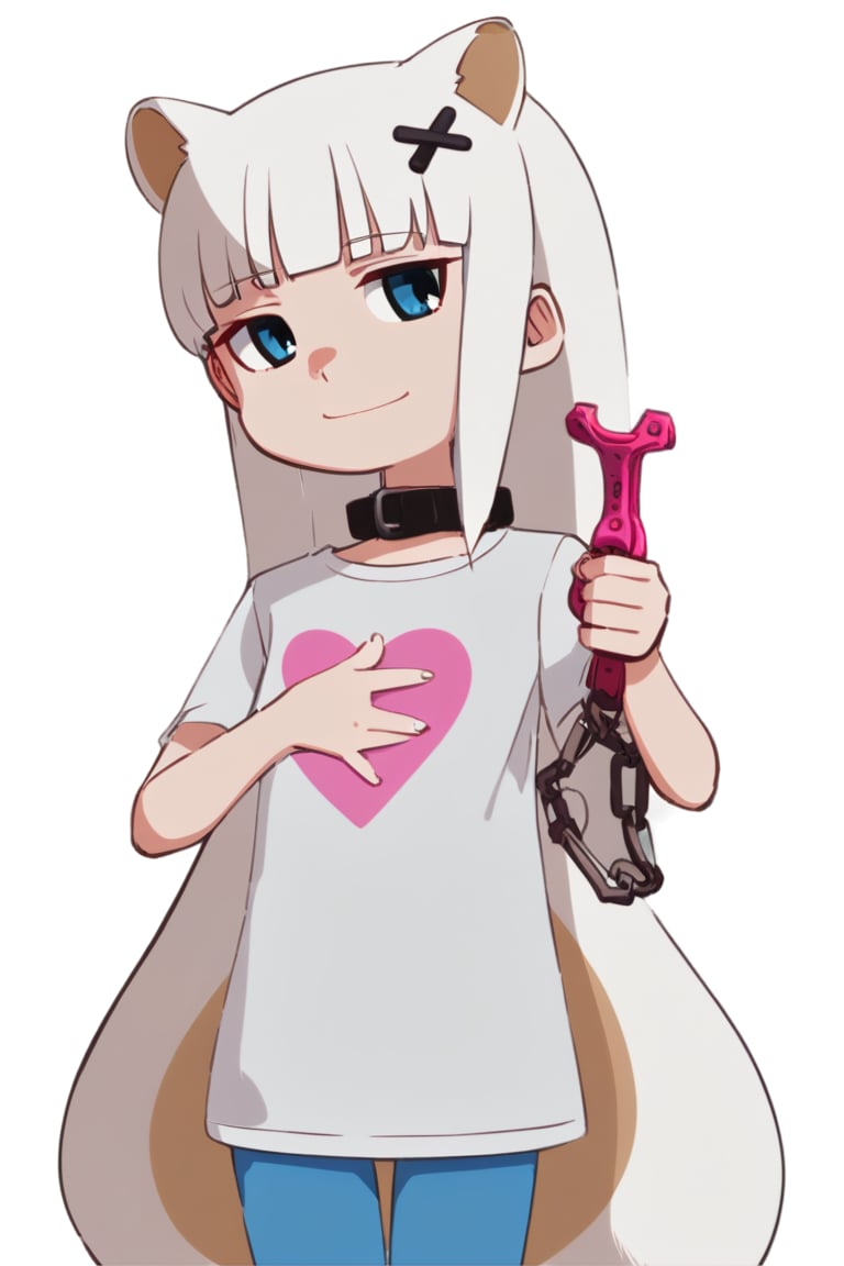 1girl, stoat girl, solo,  ((white hair)), very long hair, blue eyes, (straight hair), (bangs), animal ears, (stoat ears:1.2),
 Choker, ahoge, yaeba, (big white stoat Tail:1.2), (blue X hairpin), hold, holding pink heart, cartoon tshirt, white tshirt, square glasses, glasses, collar, collar with chain, hair covering one eye, looking at the camera, little smile