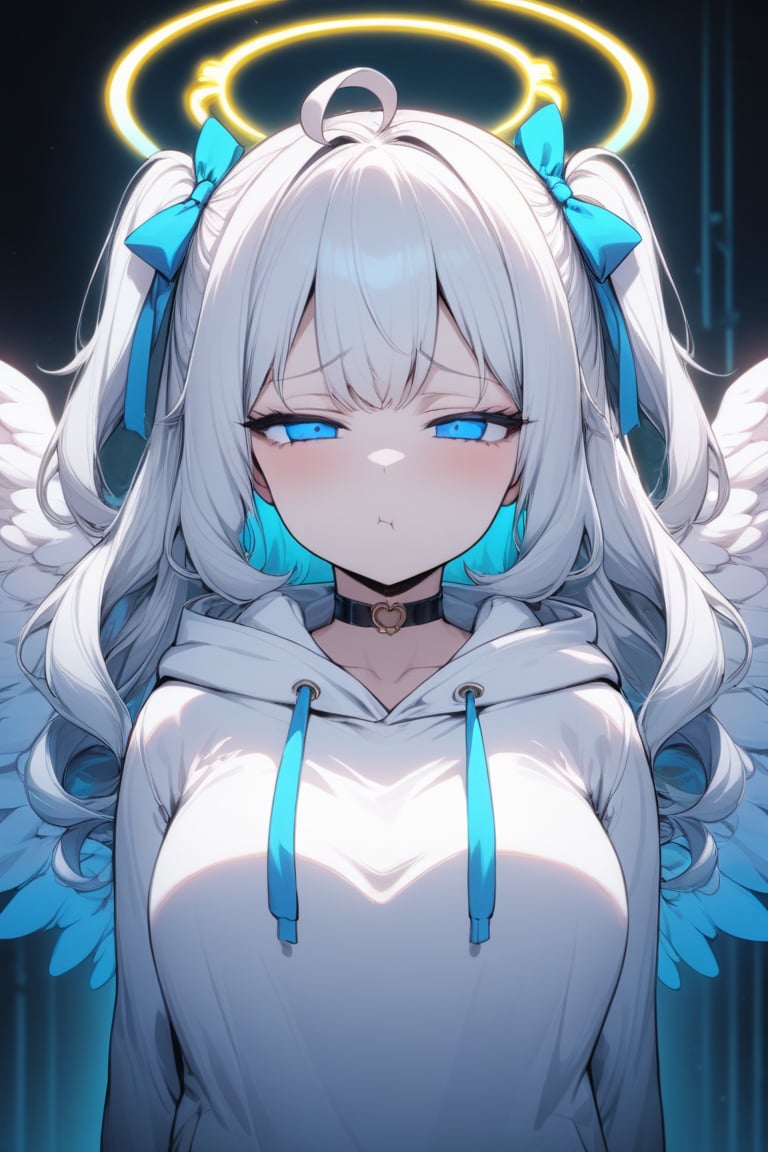  1girl, angel, white hair, long curly hair, (two side up), blue eyes, two blue bows on head, (Double golden halo on her head), choker, angel wings on back, ahoge, ((White long sleeve hoodie)), mature female, no pupils, straight-on, half-closed eyes, narrowed eyes, pout, blurry background, alp, (((neon theme))), perfect_hands, dark theme, vivid color, masterpiece, best quality, amazing quality, very aesthetic, absurdres, depth of field, score_9, archi-ghelber-style