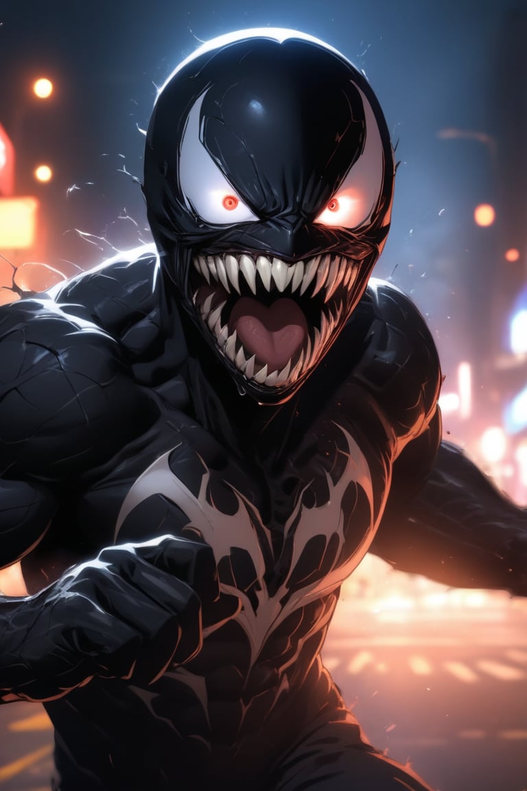 Marvel character Venom, (attack), (fighting), Punch, Punching in viewer, (On the streets at night), aura, (eyes highlight), standing, ((upper body)), eyes wide open, Open mouth wide, sweat, slightly angry, masterpiece quality, stunning image, masterpiece, 8K, stunning image, light particles, attractive image, reflections,Beautiful eyes,