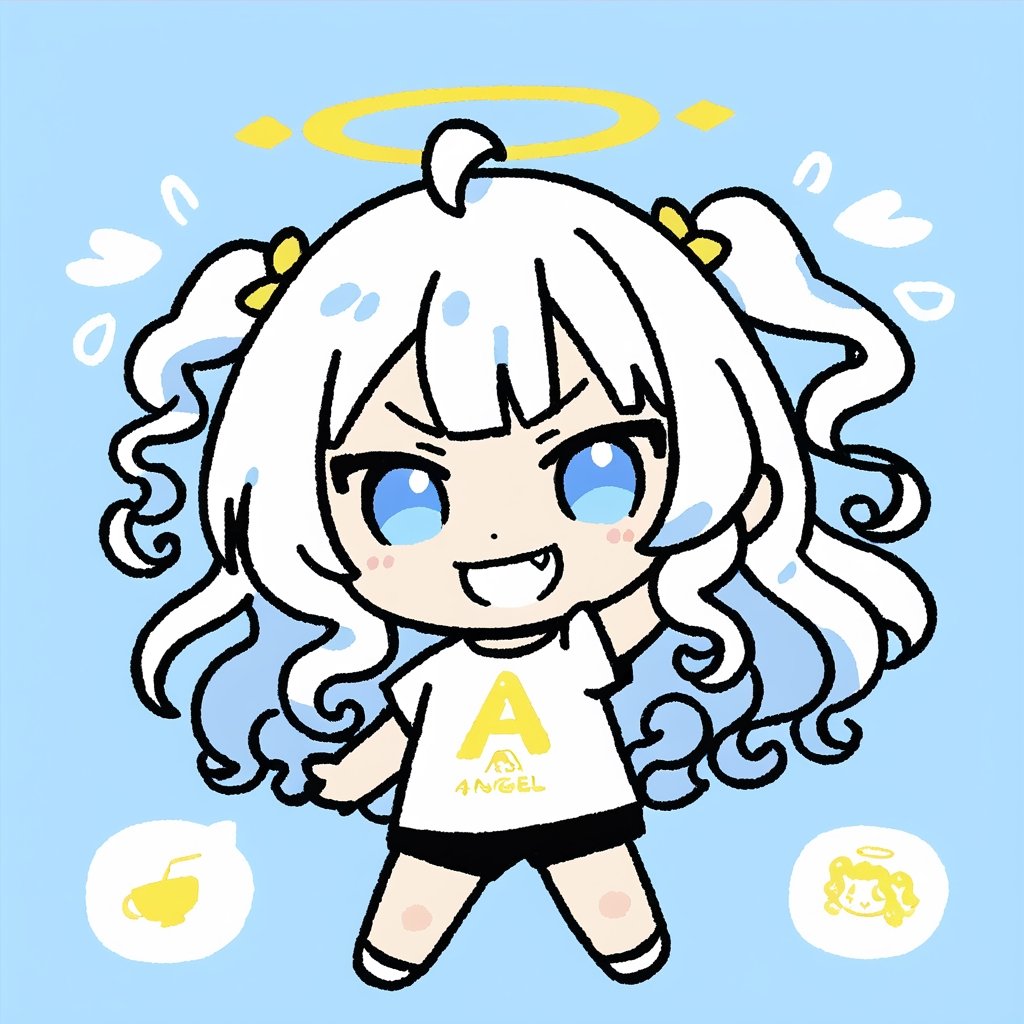 chibi, sd, masterpiece, made by a master, 4k, perfect anatomy, perfect details, best quality, high quality, lots of detail.
1girl, ((angel)), (white hair), long curly hair, (two side up), blue eyes,  (curly hair:1.2), (wavy hair), (hair curls), (bangs), (two side up), two ((blue)) hair ties on head, (Double golden halo on her head), choker, ((angel wings)), ahoge,white t-shirt, Short pants, single, looking at viewer, smiling, fang, happy, slightly angry, chibi, Emote Chibi. simple background, Line,cute comic,simple background, flat color,chibi,Cute girl,dal,Emote Chibi,chibi style,Chibi Style,Graffiti Comic