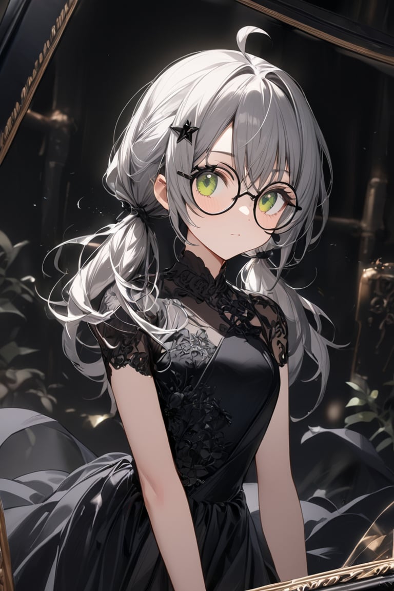  1girl, solo, (gray hair), green eyes, (short Twin ponytails:1.2), ahoge, (black round frame glasses:1.2), (black star hairpin), Beautiful girl. She is very badass, she wears a very fancy evening dress. detailed image, detailed skin, very close-up. silver brushtrokes in background.,Eyes,Beautiful eyes,INK,Detail