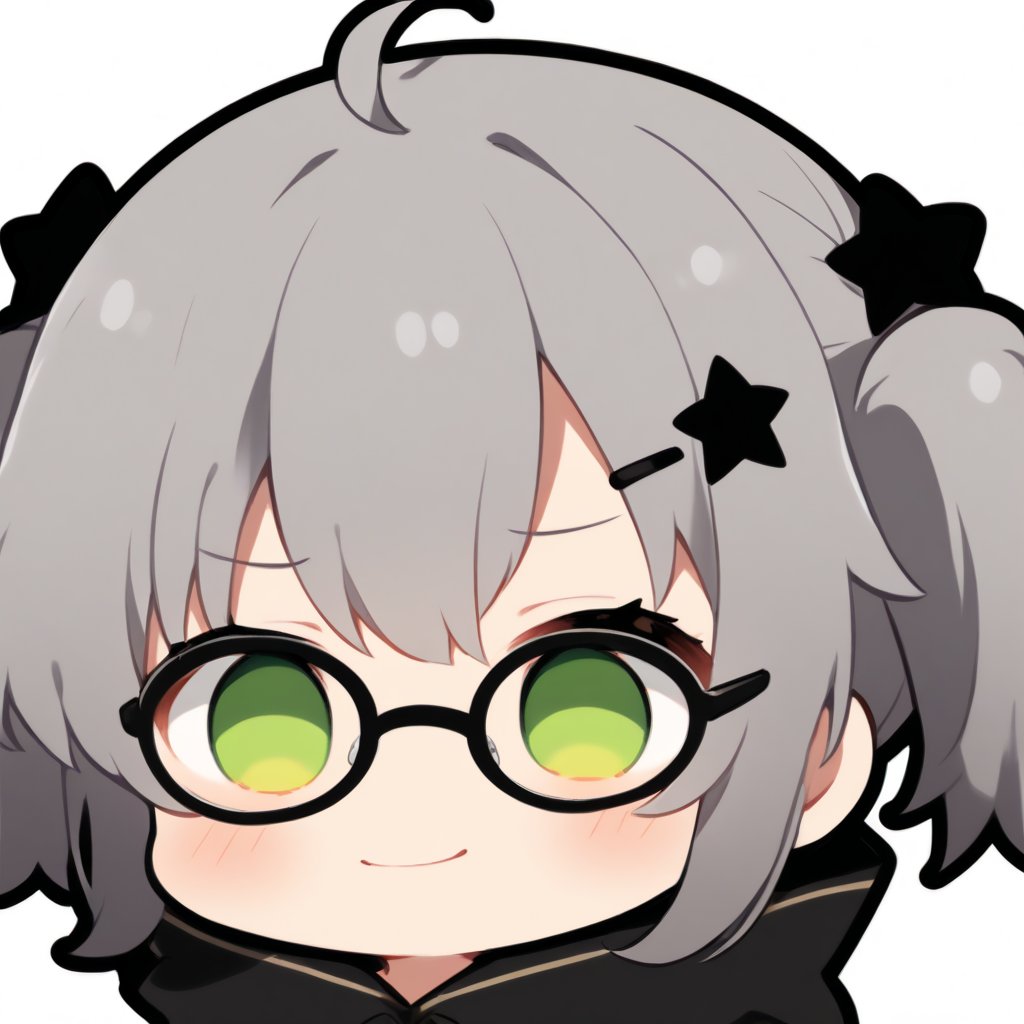 1girl, 1girl, (gray hair), green eyes, (short Twin ponytails:1.2), ahoge, (black round frame glasses:1.2), (black star hairpin), hooded cloak, Hood Down, long sleeve shirt top,Short skirt, boots, solo, (chibi, head only), blush, (close-up portrait), (smug face), Upper Body, (Focus on face), simple white background,