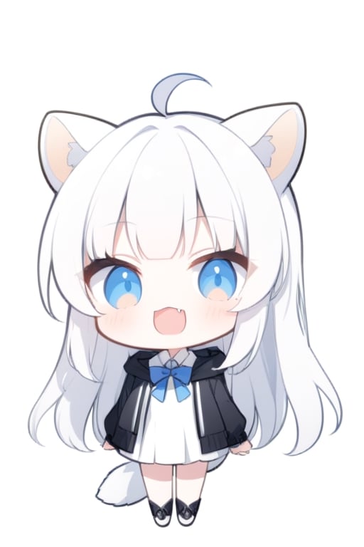 (chibi style),1girl, solo,  ((white hair)), very long hair, blue eyes, (straight hair), (bangs), animal ears, (stoat ears:1.2), Choker, ahoge, fangs, (big stoat Tail:1.2), 
(White sleeveless collared dress, blue chest bow), (black hooded oversized jacket:1.2), (Off the shoulders), looking at viewer, simple background, shirt,, white background, upper body, anime ,Anime ,girl ,Emote Chibi