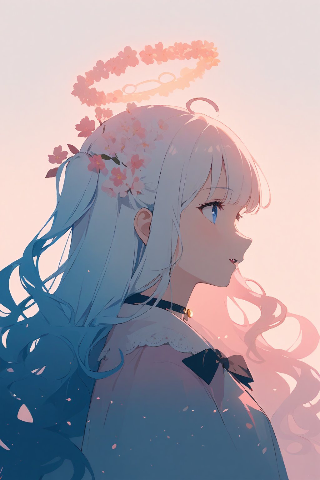 silhouette of angel girl, solo,  ((white hair)), very long hair, white hair, long curly hair, (two side up), blue eyes,  (curly hair:1.2), (wavy hair), (hair curls)
, (bangs), (two side up), two blue hair ties on head, (Double golden halo on her head), bowtie choker, angel wings, ahoge, fang,Soft colors. Inside the silhouette you can see the double exposure with a sakura flower, masterpiece, ((double exposure)), proportional.,DOUBLE EXPOSURE