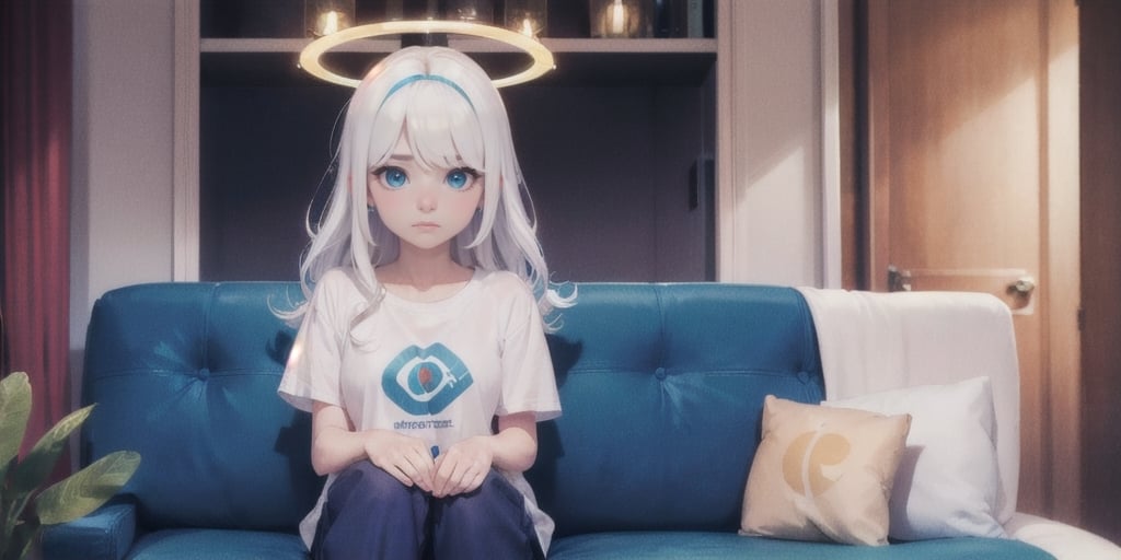  (Best Picture Quality, High Quality, Best Picture Score: 1.3), , Perfect Beauty Score: 1.5, long hair, 1girl, solo, angel, ((white hair)), (long curly hair), blue eyes, ((two blue ribbons on her hair)), (Double golden halo on her head), (angel wings), (cute outfit), Wearing a T-shirt and pajamas trousers, Squatting on the sofa, sad expression, beautiful, cute, masterpiece, best quality,