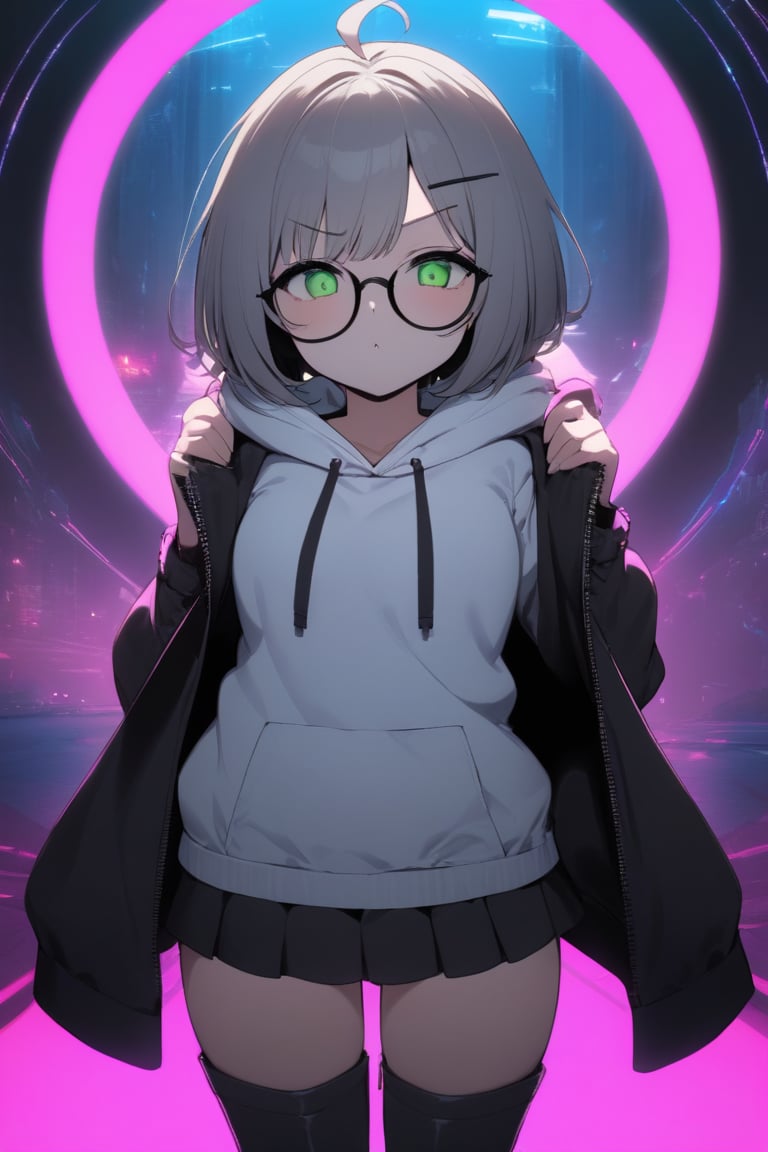 masterpiece, extremely detailed, best quality, 8k, 
1girl, (gray hair), green eyes, short hair, (Bob Hair), ahoge, (pony tail:1.2), (black round frame glasses:1.2), (black star hairpin), hooded cloak, Hood Down, long sleeve shirt top,Short skirt, boots, ((White long sleeve hoodie)), mature female, no pupils, straight-on, half-closed eyes, narrowed eyes, pout, blurry background, alp, (((neon theme))), perfect_hands, dark theme, vivid color, masterpiece, best quality, amazing quality, very aesthetic, absurdres, depth of field, score_9, archi-ghelber-style