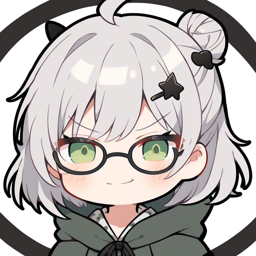 1girl, (gray hair), green eyes, short hair, ahoge, (black round frame glasses:1.2), (black star hairpin), dark green hooded cloak, Hood Down, dress, Short skirt, boots, ((Half Bun:1.2)), solo, (chibi, head only), blush,mouth open, (close-up portrait), (smug face), Upper Body, simple white background,