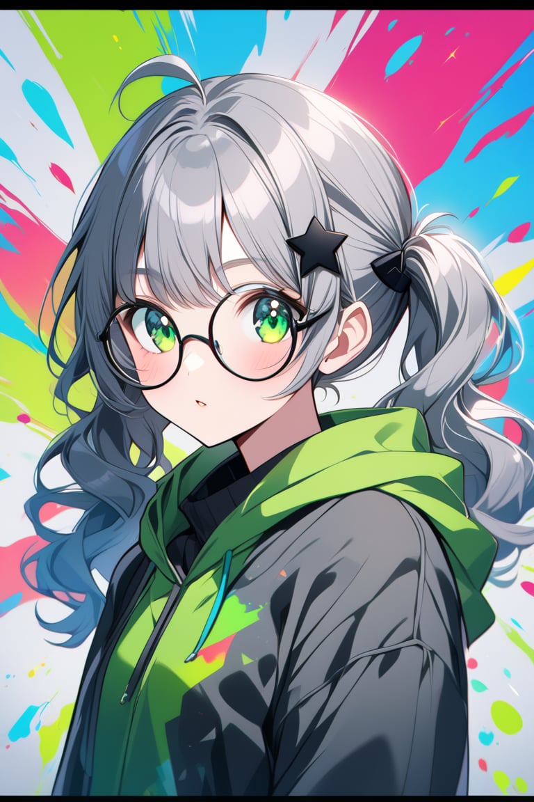 japanese cool anime,1girl, solo, (gray hair), green eyes, (short Twin ponytails:1.2), (wavy hair), ahoge, (black round frame glasses:1.2), (black star hairpin), Colorful pop art, , brightly, Beautiful green Eyes, dark green hoodie jacket, Color Splash,upper body.,Beautiful eyes,niji6