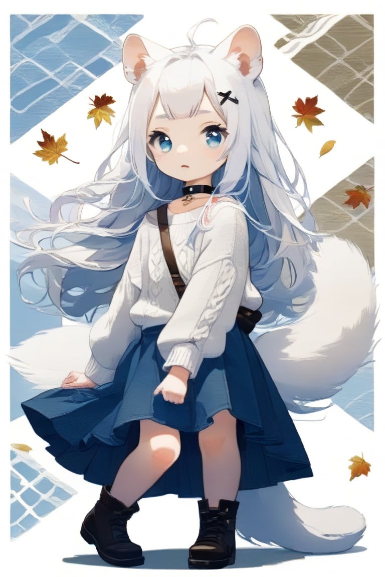 Simple background, Japanese pattern background, A chibi girl, 1girl, stoat girl, solo,  ((white hair)), very long hair, blue eyes, (straight hair), (bangs), animal ears, (stoat ears:1.2),
 Choker, ahoge, yaeba, (big white stoat Tail:1.2), (blue X hairpin), in a wool sweater and corduroy skirt, leather boots, warming herself against a chilly breeze in Autumn